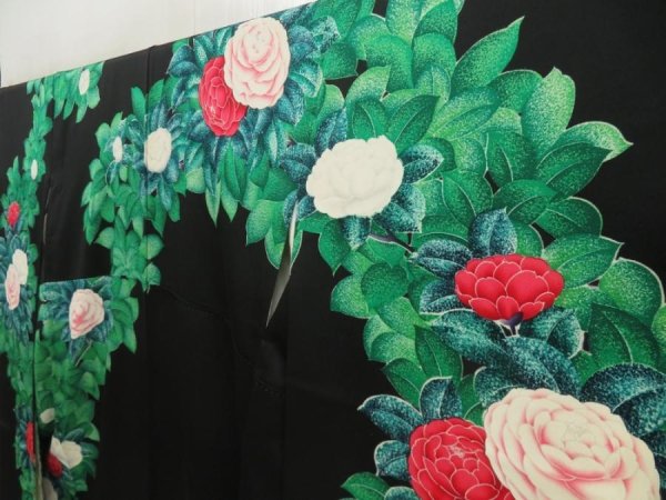 Photo2: 5515T12z1130 Vintage Japanese Kimono Silk FURISODE Rose Black (2)