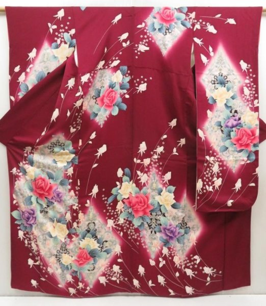 Photo1: 5515T13z1070 Vintage Japanese Kimono Silk FURISODE Flowers Dark grape (1)