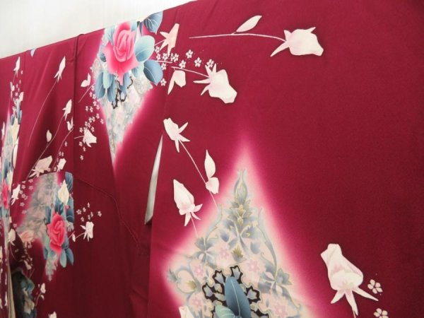 Photo2: 5515T13z1070 Vintage Japanese Kimono Silk FURISODE Flowers Dark grape (2)