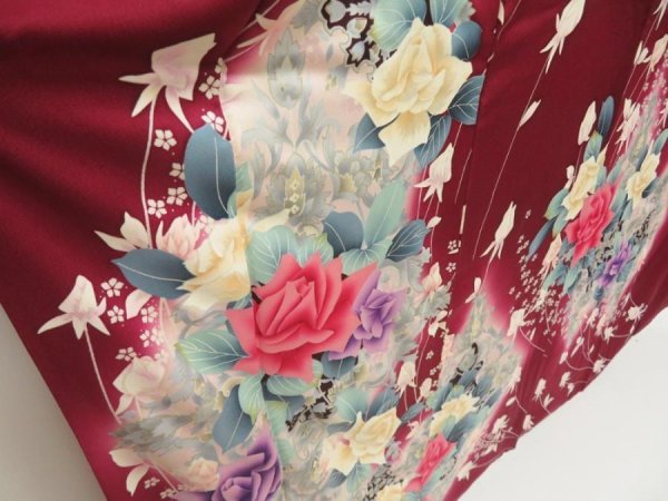 Photo3: 5515T13z1070 Vintage Japanese Kimono Silk FURISODE Flowers Dark grape (3)