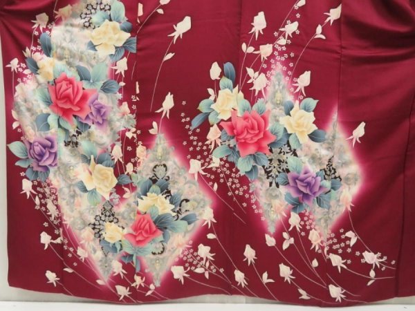 Photo5: 5515T13z1070 Vintage Japanese Kimono Silk FURISODE Flowers Dark grape (5)