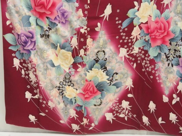 Photo6: 5515T13z1070 Vintage Japanese Kimono Silk FURISODE Flowers Dark grape (6)