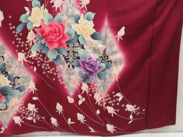 Photo7: 5515T13z1070 Vintage Japanese Kimono Silk FURISODE Flowers Dark grape (7)