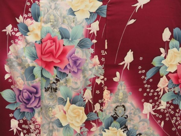 Photo8: 5515T13z1070 Vintage Japanese Kimono Silk FURISODE Flowers Dark grape (8)