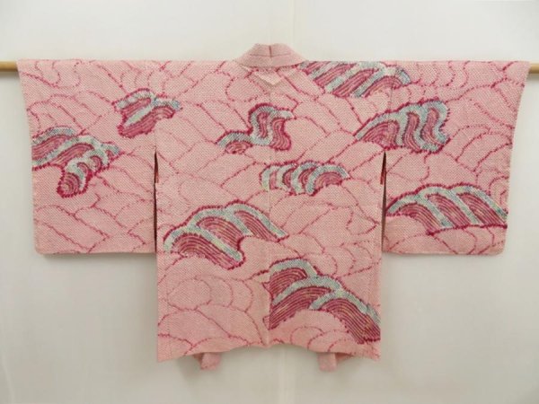 Photo1: 5518T01z480 Vintage Japanese Kimono Silk SHIBORI HAORI Wave Dark pink (1)