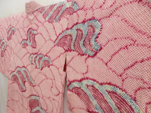 Photo2: 5518T01z480 Vintage Japanese Kimono Silk SHIBORI HAORI Wave Dark pink (2)