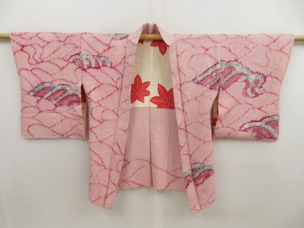 Photo5: 5518T01z480 Vintage Japanese Kimono Silk SHIBORI HAORI Wave Dark pink (5)