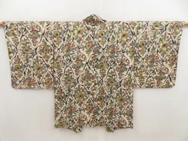 Photo1: 5518T05z440 Vintage Japanese Kimono Silk HAORI Flowers Off-white (1)