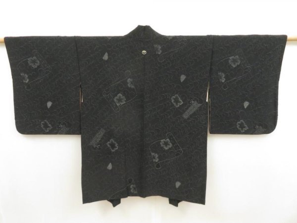 Photo1: 5518T06z640 Vintage Japanese Kimono Silk HAORI Makimono Black (1)
