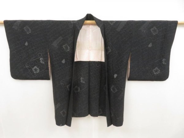 Photo6: 5518T06z640 Vintage Japanese Kimono Silk HAORI Makimono Black (6)