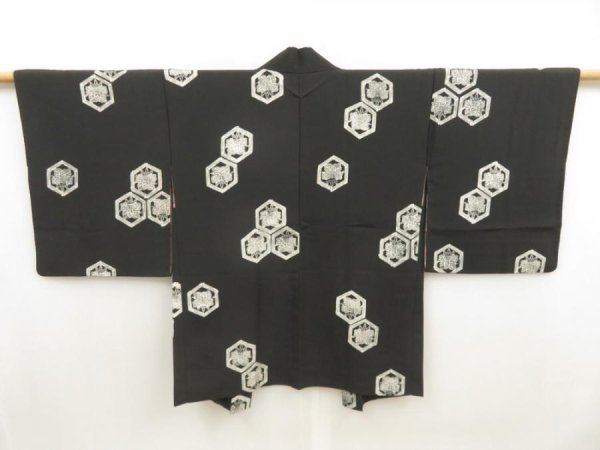 Photo1: 5518T09z610 Vintage Japanese Kimono Silk HAORI  Black (1)