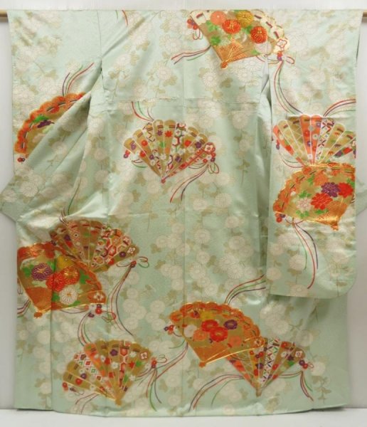 Photo1: 5518T11z1040 Vintage Japanese Kimono Silk FURISODE Folding fan Light blue (1)