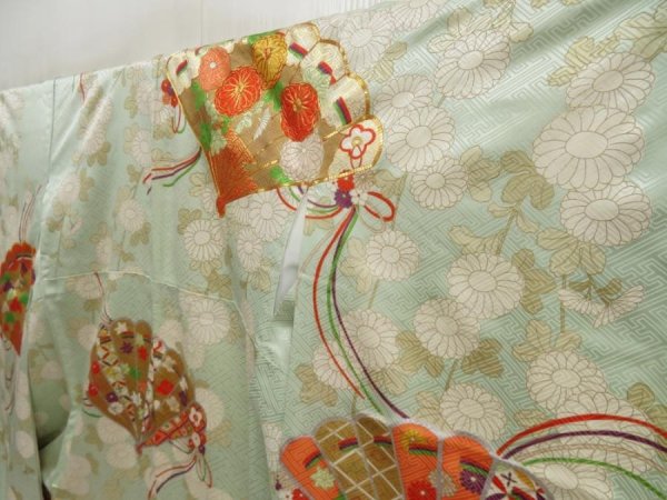 Photo2: 5518T11z1040 Vintage Japanese Kimono Silk FURISODE Folding fan Light blue (2)