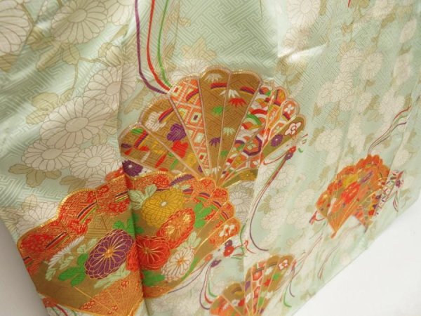 Photo3: 5518T11z1040 Vintage Japanese Kimono Silk FURISODE Folding fan Light blue (3)