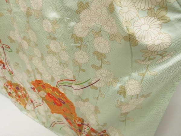 Photo4: 5518T11z1040 Vintage Japanese Kimono Silk FURISODE Folding fan Light blue (4)