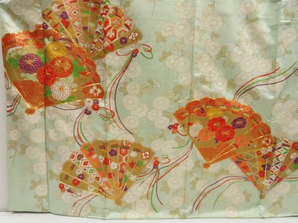 Photo5: 5518T11z1040 Vintage Japanese Kimono Silk FURISODE Folding fan Light blue (5)