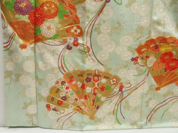 Photo6: 5518T11z1040 Vintage Japanese Kimono Silk FURISODE Folding fan Light blue (6)