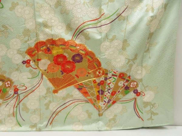 Photo7: 5518T11z1040 Vintage Japanese Kimono Silk FURISODE Folding fan Light blue (7)