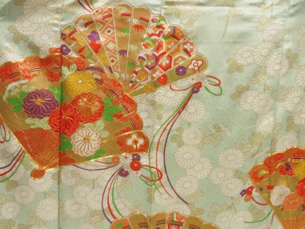 Photo8: 5518T11z1040 Vintage Japanese Kimono Silk FURISODE Folding fan Light blue (8)