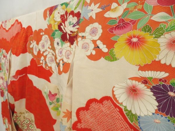 Photo2: 5518T12z1210 Vintage Japanese Kimono Silk FURISODE Phoenix Tomato red (2)