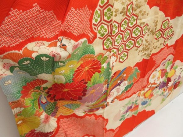 Photo3: 5518T12z1210 Vintage Japanese Kimono Silk FURISODE Phoenix Tomato red (3)