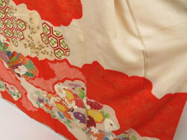 Photo4: 5518T12z1210 Vintage Japanese Kimono Silk FURISODE Phoenix Tomato red (4)