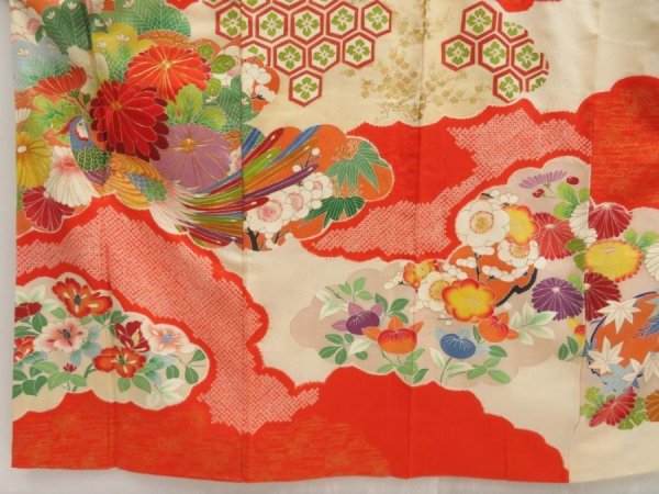 Photo5: 5518T12z1210 Vintage Japanese Kimono Silk FURISODE Phoenix Tomato red (5)