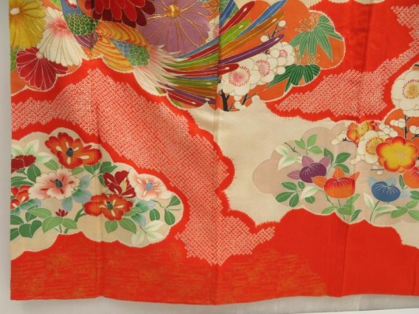 Photo6: 5518T12z1210 Vintage Japanese Kimono Silk FURISODE Phoenix Tomato red (6)
