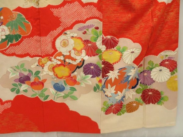 Photo7: 5518T12z1210 Vintage Japanese Kimono Silk FURISODE Phoenix Tomato red (7)