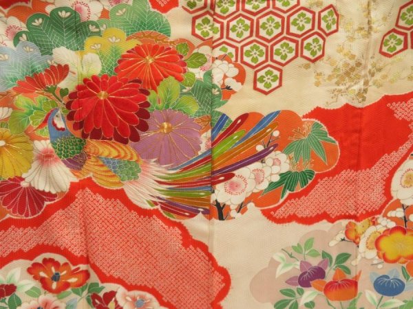 Photo8: 5518T12z1210 Vintage Japanese Kimono Silk FURISODE Phoenix Tomato red (8)