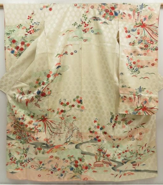 Photo1: 5518T13z840 Vintage Japanese Kimono Silk FURISODE Phoenix Off-white (1)