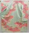 Photo1: 5518T14z880 Vintage Japanese Kimono Silk FURISODE Peony Opal Green (1)