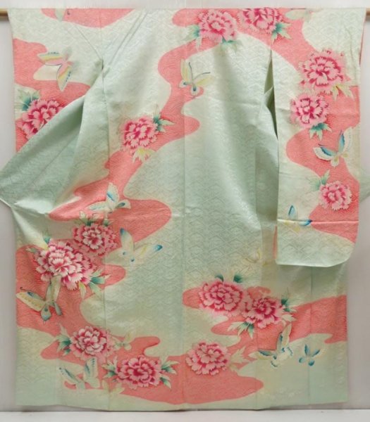 Photo1: 5518T14z880 Vintage Japanese Kimono Silk FURISODE Peony Opal Green (1)