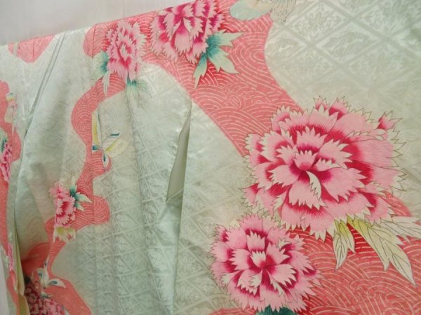 Photo2: 5518T14z880 Vintage Japanese Kimono Silk FURISODE Peony Opal Green (2)