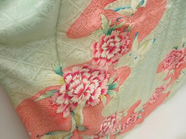 Photo3: 5518T14z880 Vintage Japanese Kimono Silk FURISODE Peony Opal Green (3)
