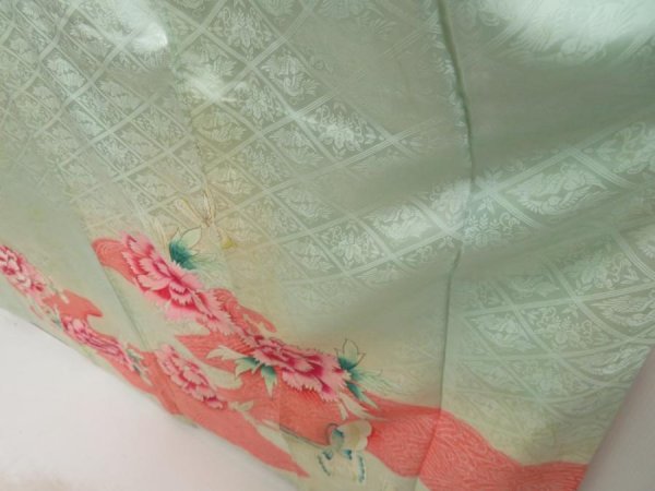 Photo4: 5518T14z880 Vintage Japanese Kimono Silk FURISODE Peony Opal Green (4)