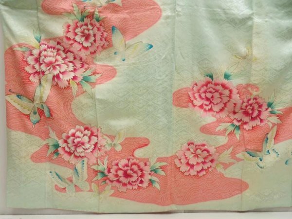 Photo5: 5518T14z880 Vintage Japanese Kimono Silk FURISODE Peony Opal Green (5)