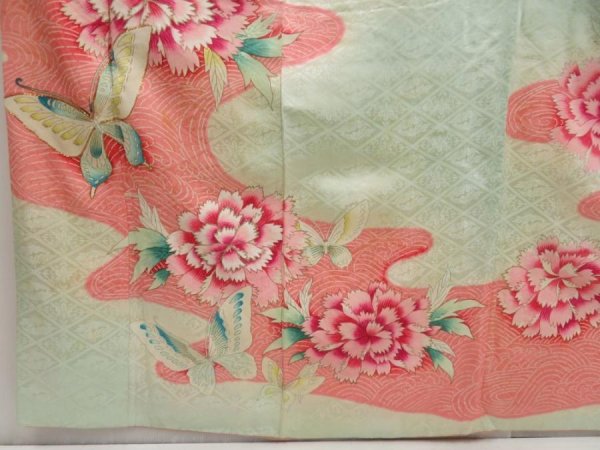 Photo6: 5518T14z880 Vintage Japanese Kimono Silk FURISODE Peony Opal Green (6)