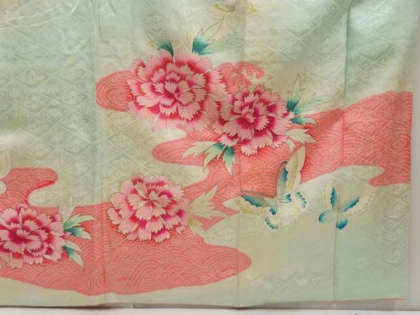 Photo7: 5518T14z880 Vintage Japanese Kimono Silk FURISODE Peony Opal Green (7)