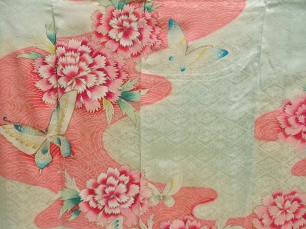 Photo8: 5518T14z880 Vintage Japanese Kimono Silk FURISODE Peony Opal Green (8)