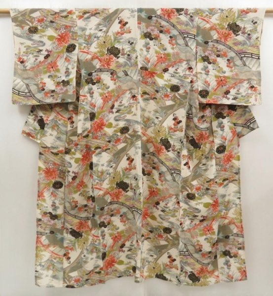 Photo1: 5523T06z480 Vintage Japanese Kimono Silk HITOE KOMON Off-white (1)