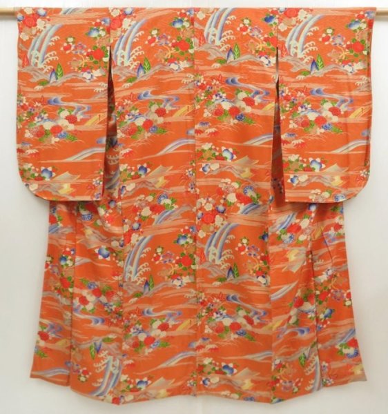 Photo1: 5523T08z600 Antique Japanese Kimono Silk KOMON Flowers Dark orange (1)