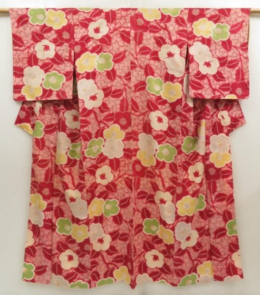 Photo1: 5523T09z520 Antique Japanese Kimono Silk KOMON Camellia Wine red (1)