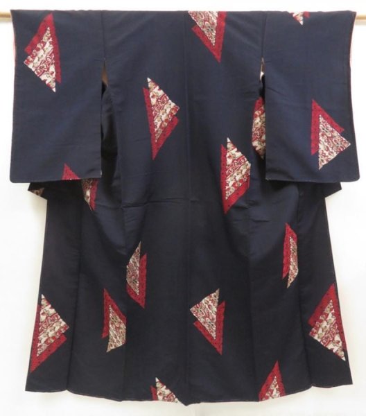 Photo1: 5523T14z750 Vintage Japanese Kimono Silk OMESHI KOMON  Dark navy (1)