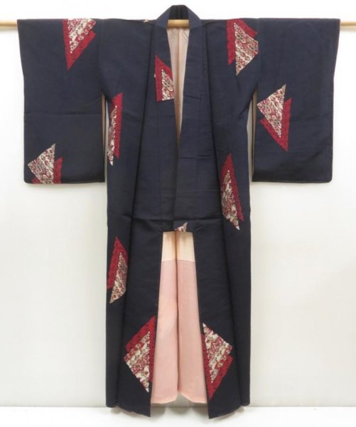 Photo8: 5523T14z750 Vintage Japanese Kimono Silk OMESHI KOMON  Dark navy (8)