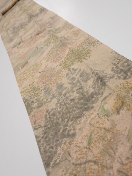 Photo1: 3J09z60  Japanese Kimono Crepe Silk  FABRIC Scenery Light brown 81.9x6.7 (1)