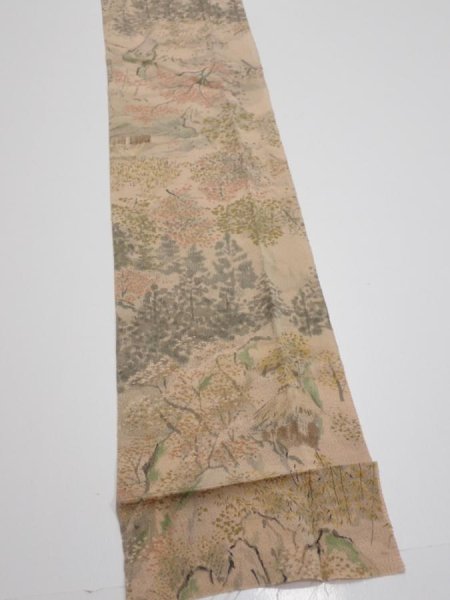 Photo2: 3J09z60  Japanese Kimono Crepe Silk  FABRIC Scenery Light brown 81.9x6.7 (2)