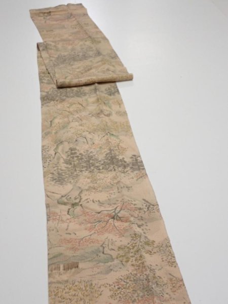 Photo3: 3J09z60  Japanese Kimono Crepe Silk  FABRIC Scenery Light brown 81.9x6.7 (3)