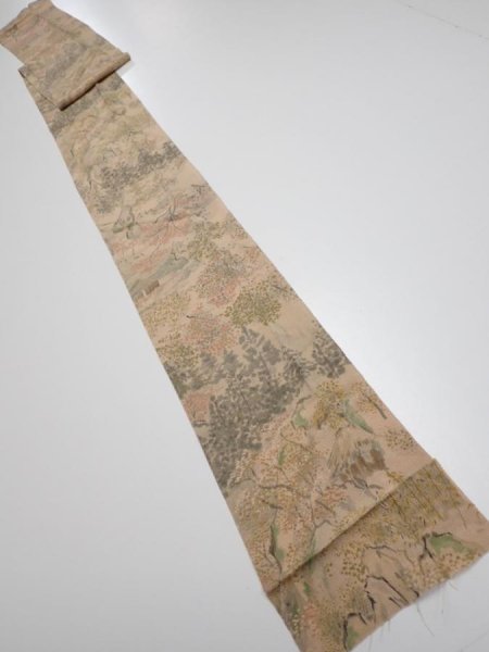 Photo5: 3J09z60  Japanese Kimono Crepe Silk  FABRIC Scenery Light brown 81.9x6.7 (5)
