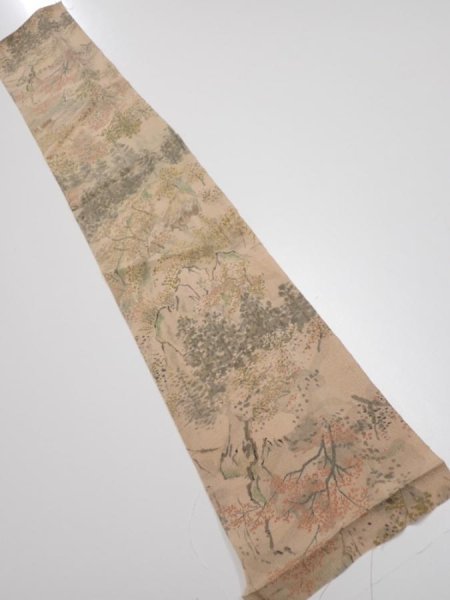 Photo1: 3J10z30  Japanese Kimono Crepe Silk  FABRIC Scenery Light brown 38.2x6.7 (1)